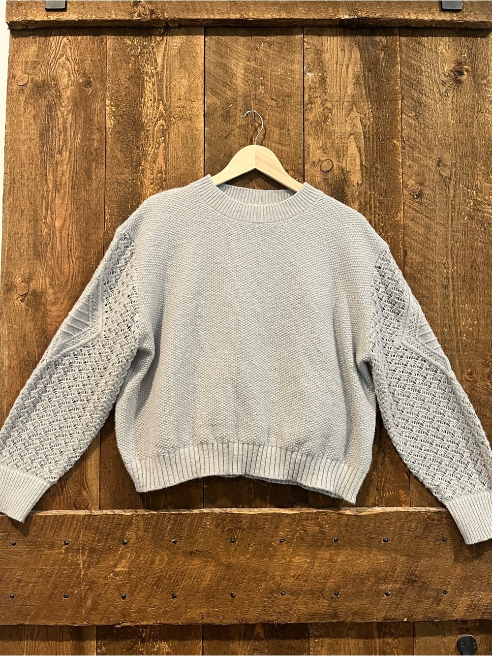 ME Makeover Essentials Light Gray Open-Knit Sleeve Crewneck Sweater